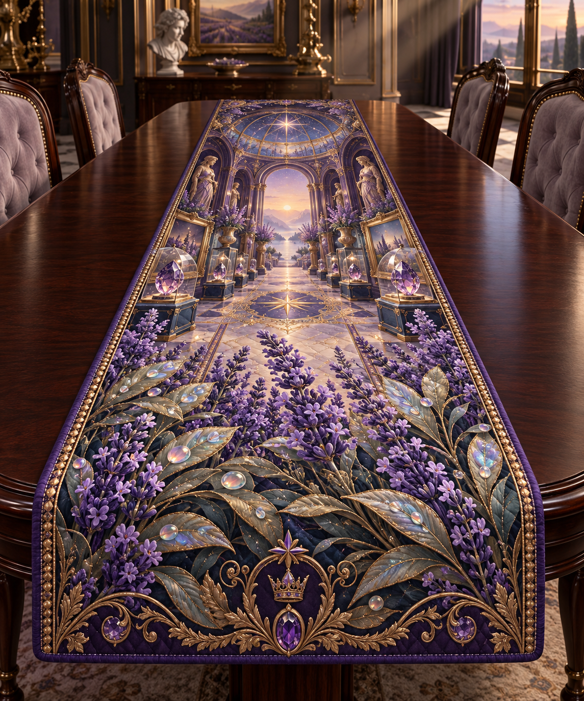 One table runner with a continuous lavender jubilee gallery, white blooms, brass coordinate rings, sapphire grids and a deep city vista.