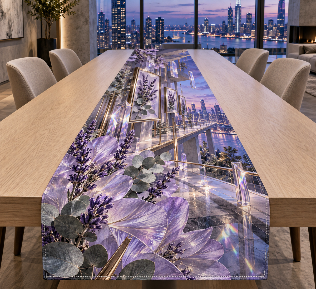 One table runner with a continuous lavender prism loft gallery, white blooms, brass coordinate rings, sapphire grids and a deep city vista.