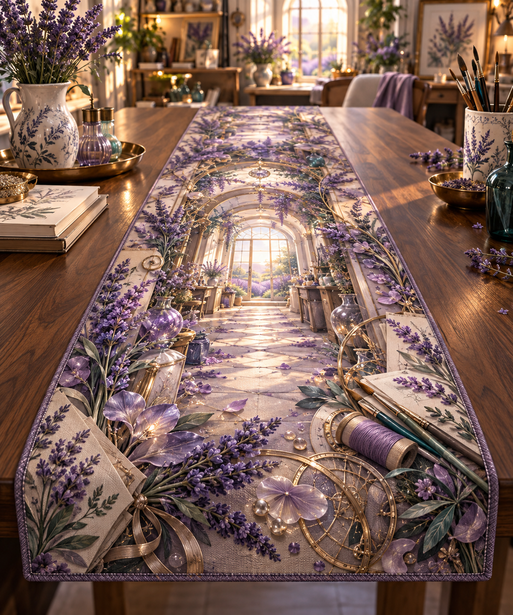 One table runner with a continuous lavender artisan atelier, white blooms, brass coordinate rings, sapphire grids and a deep city vista.