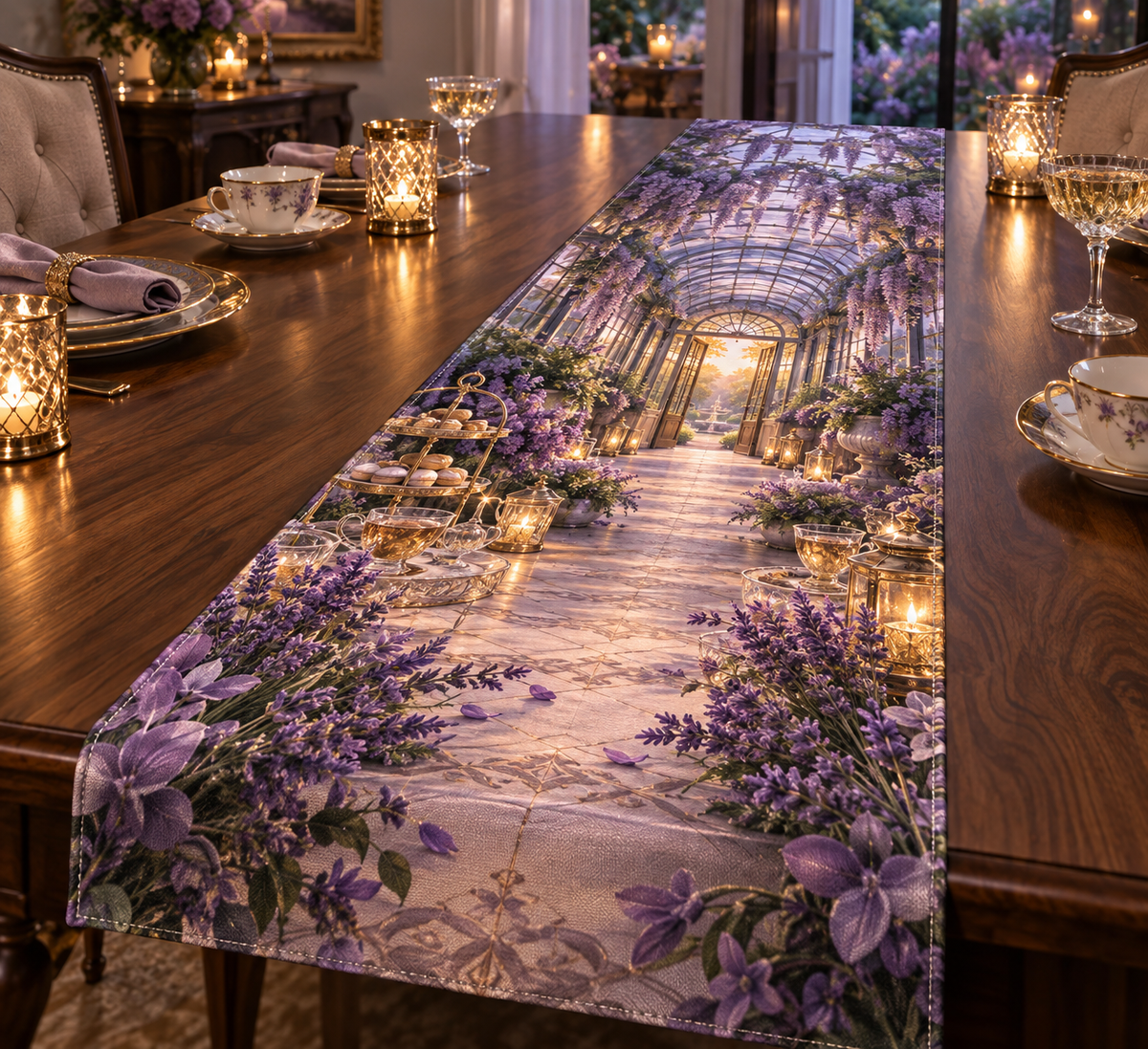One table runner with a continuous lavender welcome conservatory, white blooms, brass coordinate rings, sapphire grids and a deep city vista.
