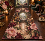 One table runner with a continuous peony storybook alcove, white blooms, brass coordinate rings, sapphire grids and a deep city vista.