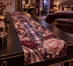 One table runner with a continuous peony celestial boudoir, white blooms, brass coordinate rings, sapphire grids and a deep city vista.