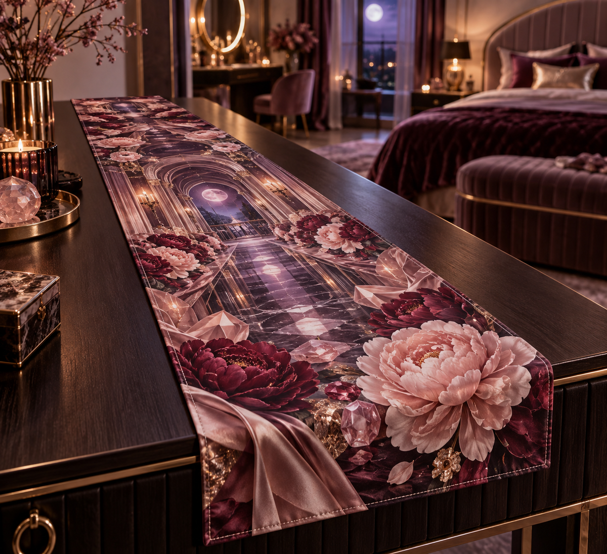 One table runner with a continuous peony celestial boudoir, white blooms, brass coordinate rings, sapphire grids and a deep city vista.