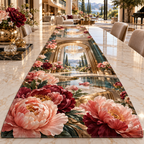 One table runner with a continuous peony grand salon, coral and wine peonies, champagne portals, smoky teal glass and a deep sunlit salon vista.