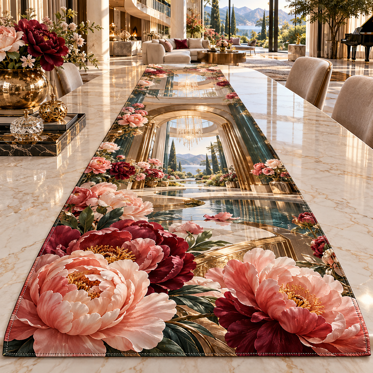 One table runner with a continuous peony grand salon, coral and wine peonies, champagne portals, smoky teal glass and a deep sunlit salon vista.