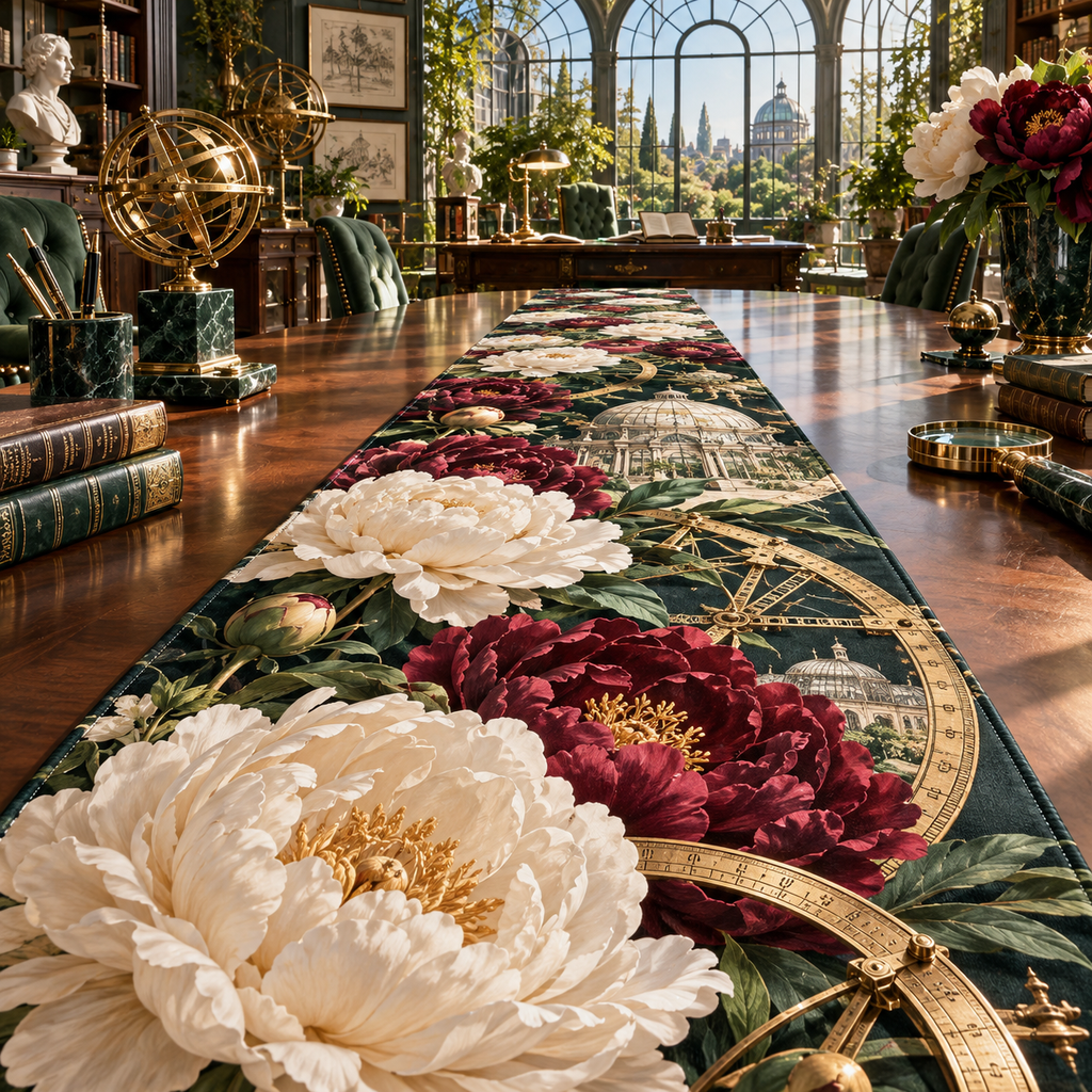 One table runner with a continuous peony architect observatory, ivory and burgundy peonies, aged-brass drafting arcs, emerald glass and a deep conservatory-library vista.
