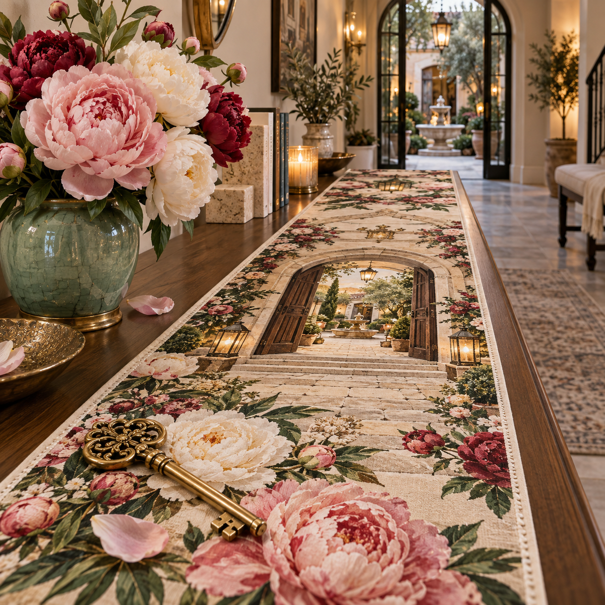 One table runner with a continuous peony welcome atrium, blush, ivory and garnet peonies, antique-brass keys, travertine arches and a deep lantern courtyard vista.