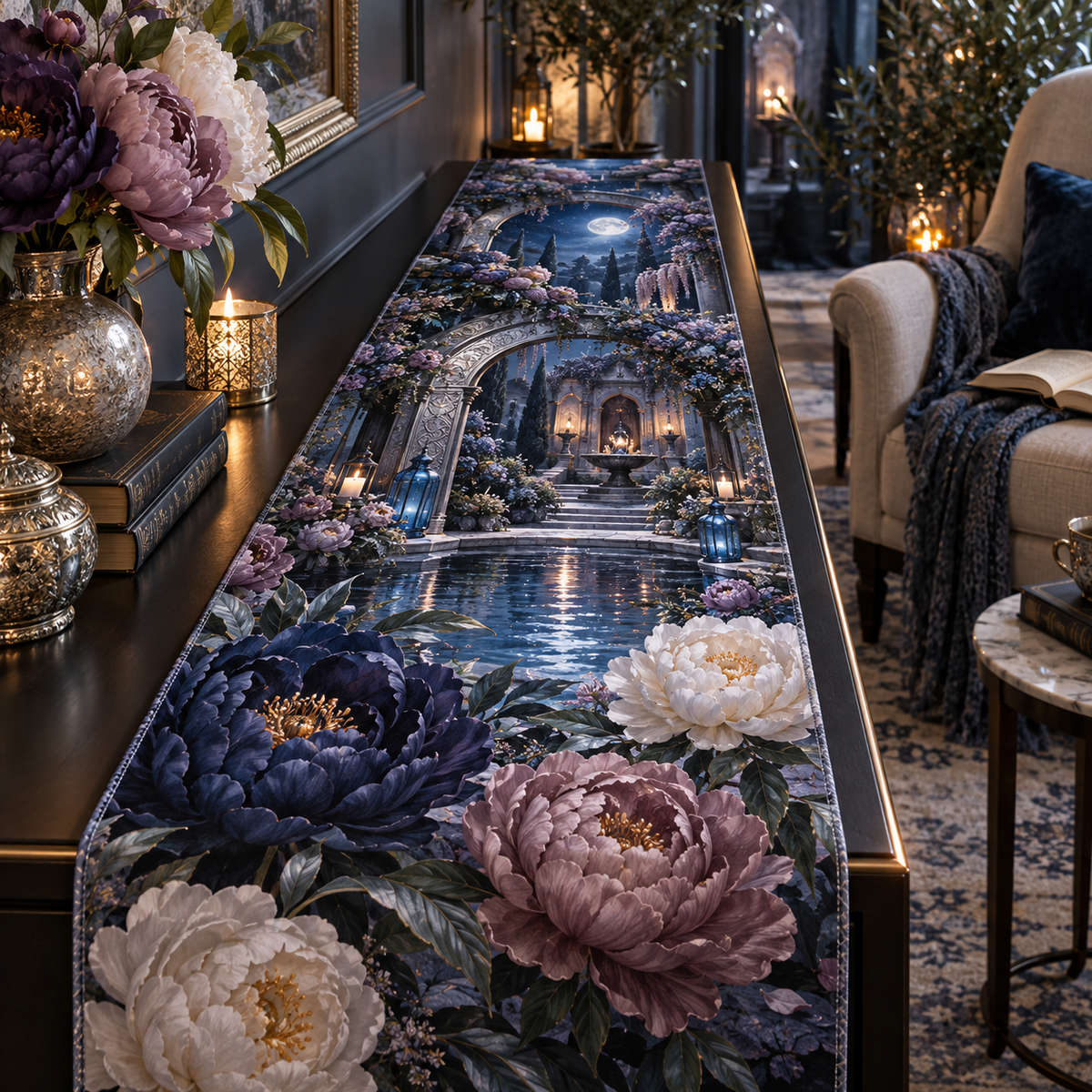 One table runner with a continuous peony moonwell sanctuary, indigo, mauve and moonstone peonies, silver arches, blue glass and a deep moonlit pool vista.