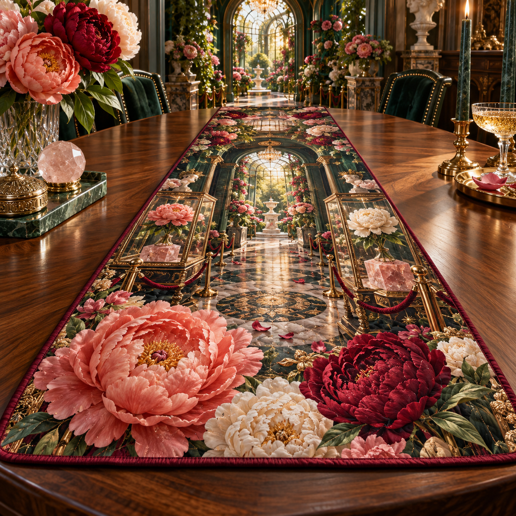 One table runner with a continuous peony curator jubilee gallery, ruby, coral, ivory and blush peonies, emerald niches, gold arches and a deep conservatory vista.