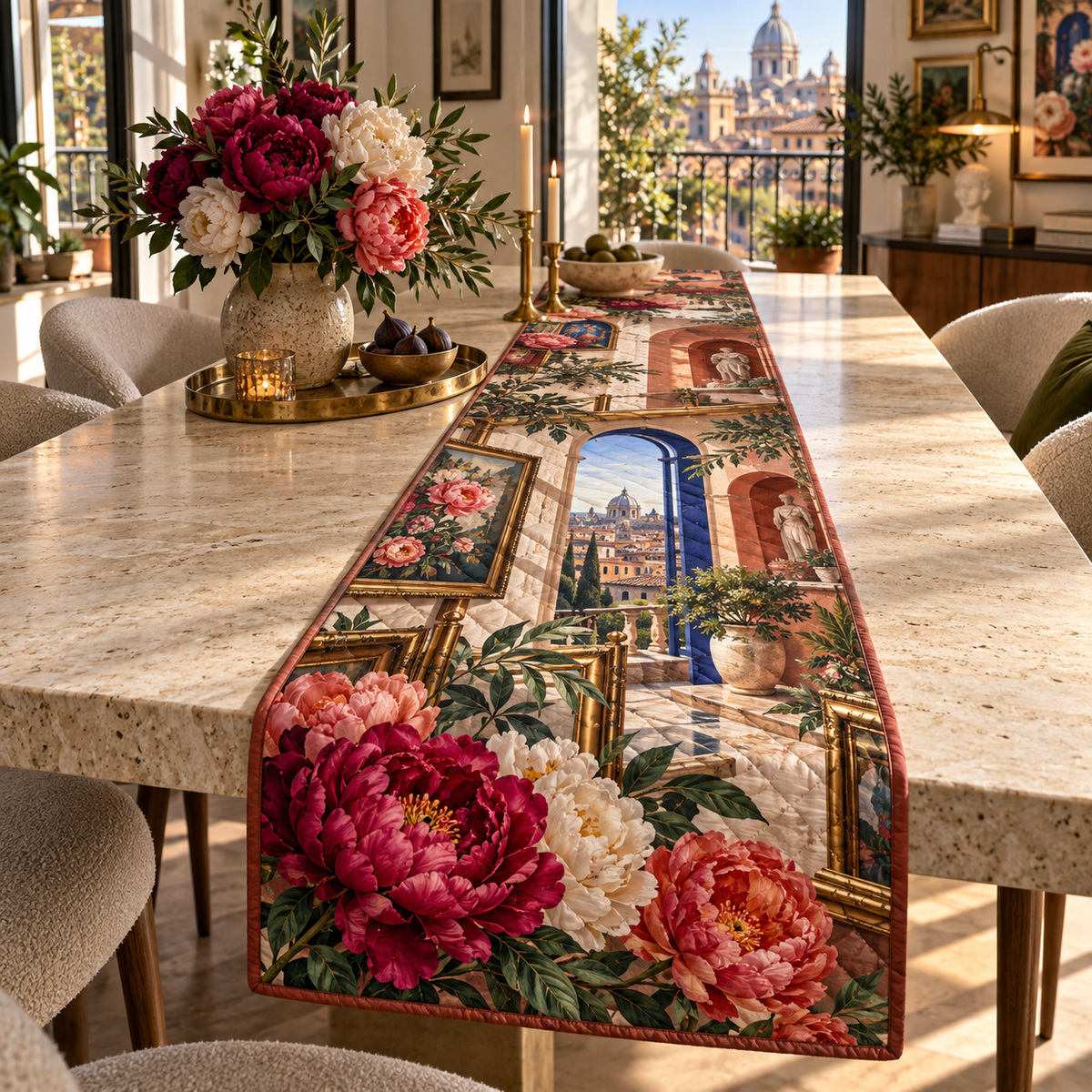 One table runner with a continuous peony floating loft fresco, magenta, coral and cream peonies, cobalt arches, terracotta niches and a deep rooftop vista.