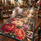 One table runner with a continuous peony artisan prism atelier, magenta, coral and cream peonies, cobalt arches, terracotta niches and a deep rooftop vista.