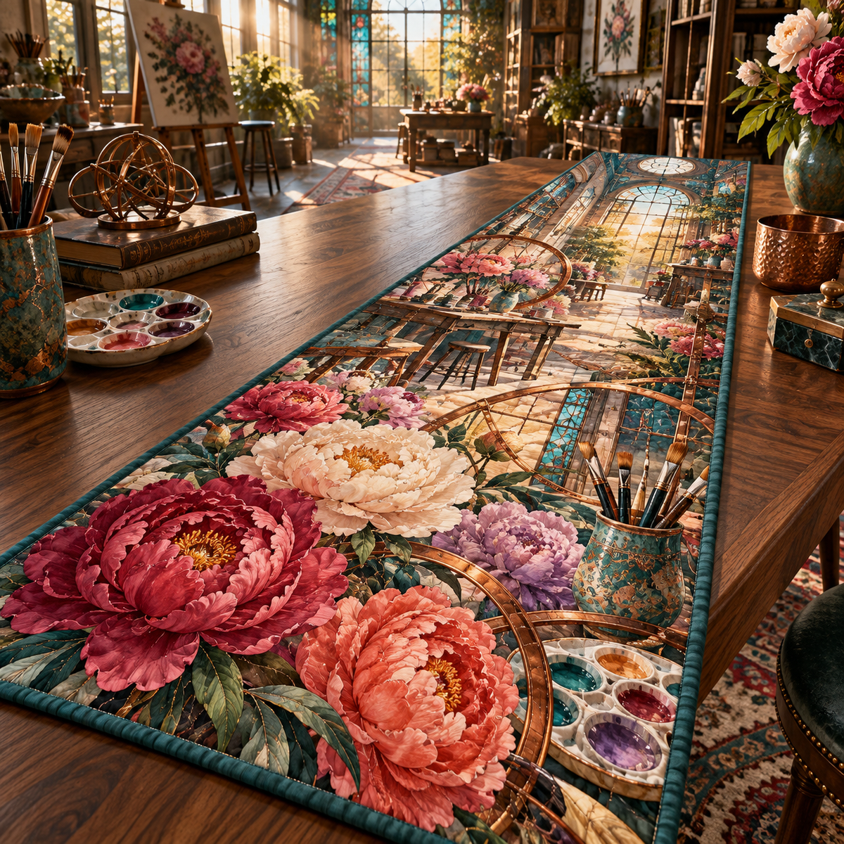 One table runner with a continuous peony artisan prism atelier, magenta, coral and cream peonies, cobalt arches, terracotta niches and a deep rooftop vista.