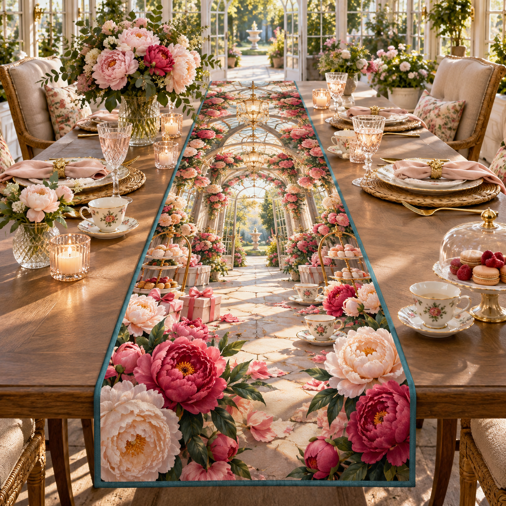One table runner with a continuous peony gratitude conservatory, blush, raspberry, coral and ivory peonies, champagne-gold arches, tea service and a deep sunlit garden vista.