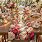 One table runner with a continuous peony gratitude conservatory, blush, raspberry, coral and ivory peonies, champagne-gold arches, tea service and a deep sunlit garden vista.