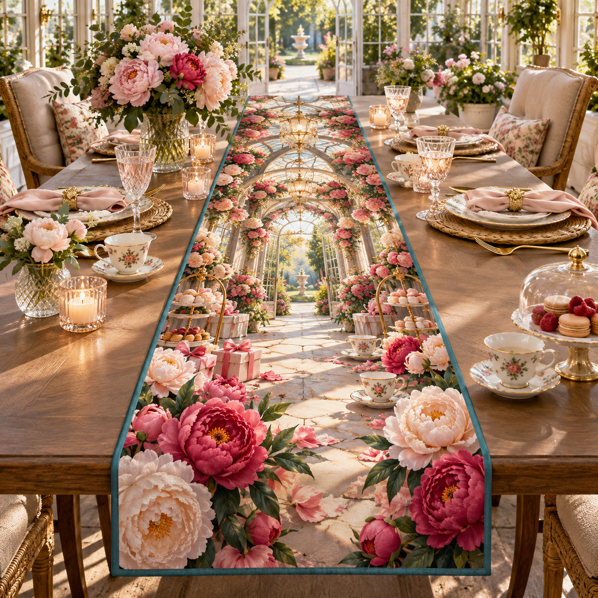 One table runner with a continuous peony gratitude conservatory, blush, raspberry, coral and ivory peonies, champagne-gold arches, tea service and a deep sunlit garden vista.