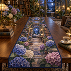 One table runner with a continuous moonlit hydrangea library, cobalt, periwinkle and ivory blooms, antique-brass shelves, warm reading lamps and a deep window-seat vista.