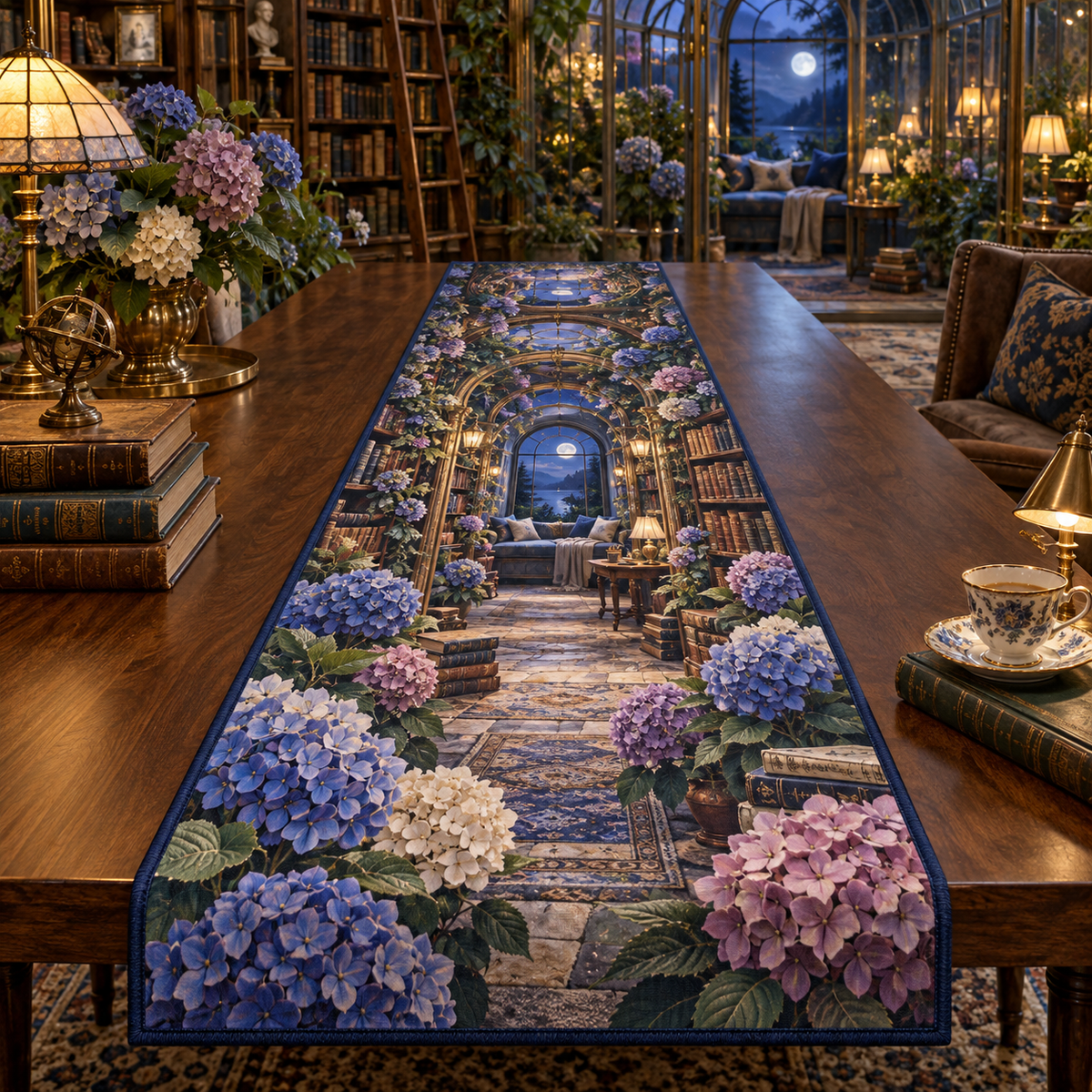 One table runner with a continuous moonlit hydrangea library, cobalt, periwinkle and ivory blooms, antique-brass shelves, warm reading lamps and a deep window-seat vista.
