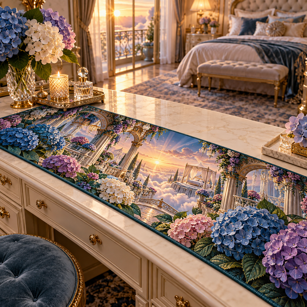 One table runner with a continuous hydrangea aurora boudoir, sapphire, teal, amethyst and pearl blooms, champagne arches and a deep sunrise canopy-bed vista.