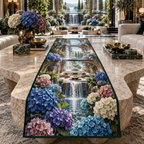 One table runner with a continuous hydrangea cascade atrium, cobalt, turquoise, violet and ivory blooms, bronze arches, waterfalls and a deep sunken salon.
