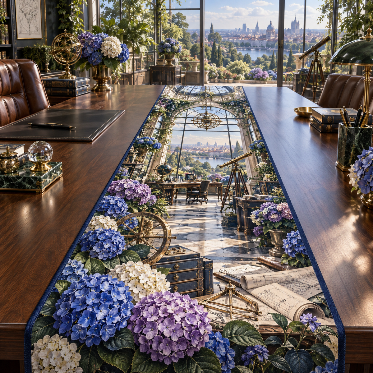 One table runner with a continuous hydrangea architect observatory, cobalt, cyan, violet and ivory blooms, brass drafting arcs, blueprints, telescopes and a deep city-garden view.