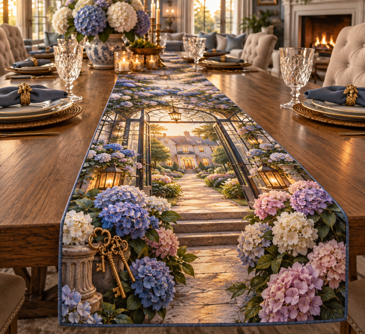 One table runner with a continuous hydrangea welcome manor, cobalt, periwinkle, lavender, blush and ivory blooms, brass keys, lanterns and a deep new-home entrance.