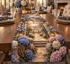 One table runner with a continuous hydrangea welcome manor, cobalt, periwinkle, lavender, blush and ivory blooms, brass keys, lanterns and a deep new-home entrance.