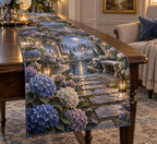 One table runner with a continuous moonlit hydrangea courtyard, indigo, mist-blue, pearl and dusty-lilac blooms, silver arches, lanterns, reflecting water and a secluded bench.