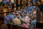 One table runner with a continuous hydrangea curio gallery, sapphire, amethyst, teal, blush and ivory blooms, crystals, brass vitrines, celestial globes and a distant observatory.