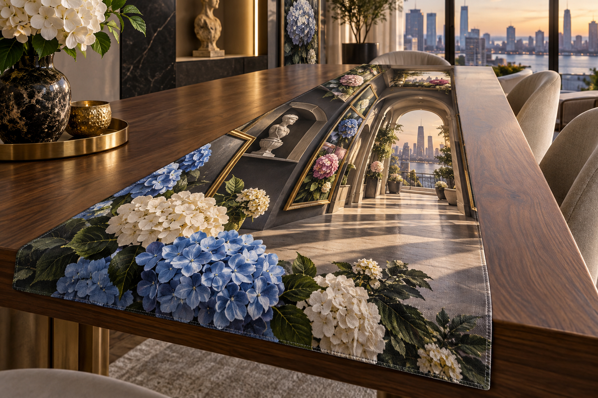 One table runner with a continuous hydrangea perspective salon, cobalt, cyan, orchid, coral and ivory blooms, brass frames, sculptural niches and a distant skyline terrace.