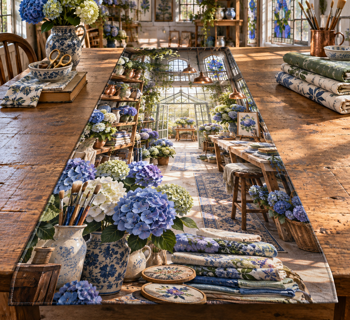 One table runner with a continuous hydrangea maker's lantern loft, cobalt, cornflower, violet, mint and ivory blooms, copper shelves, ceramic vessels, craft tools and a distant greenhouse workbench.