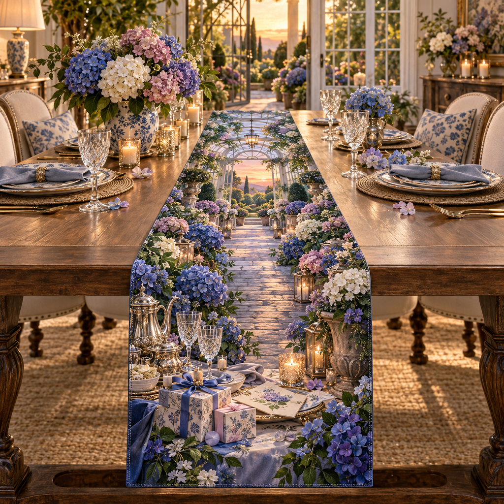 One table runner with a continuous gracious host conservatory, cobalt, cornflower, violet, blush and ivory hydrangeas, silver tea service, crystal, ribboned gifts and a glowing garden doorway.