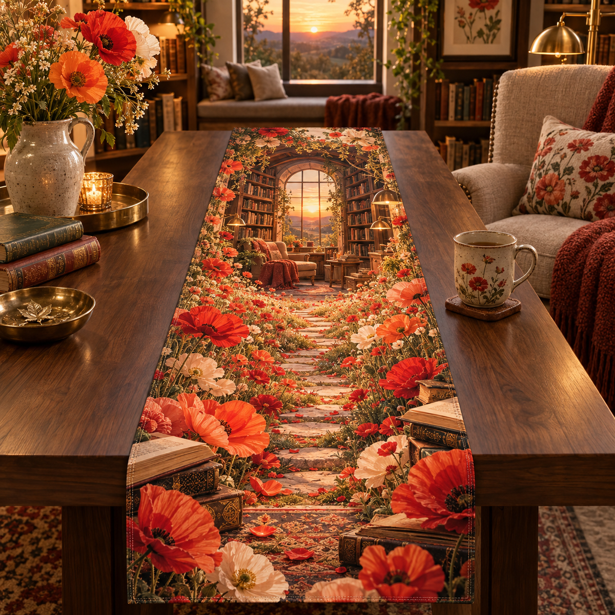 One table runner with a continuous poppy emberlight library alcove, scarlet, coral, apricot and cream blooms, curved walnut shelves, brass lamps and a distant sunset window seat.