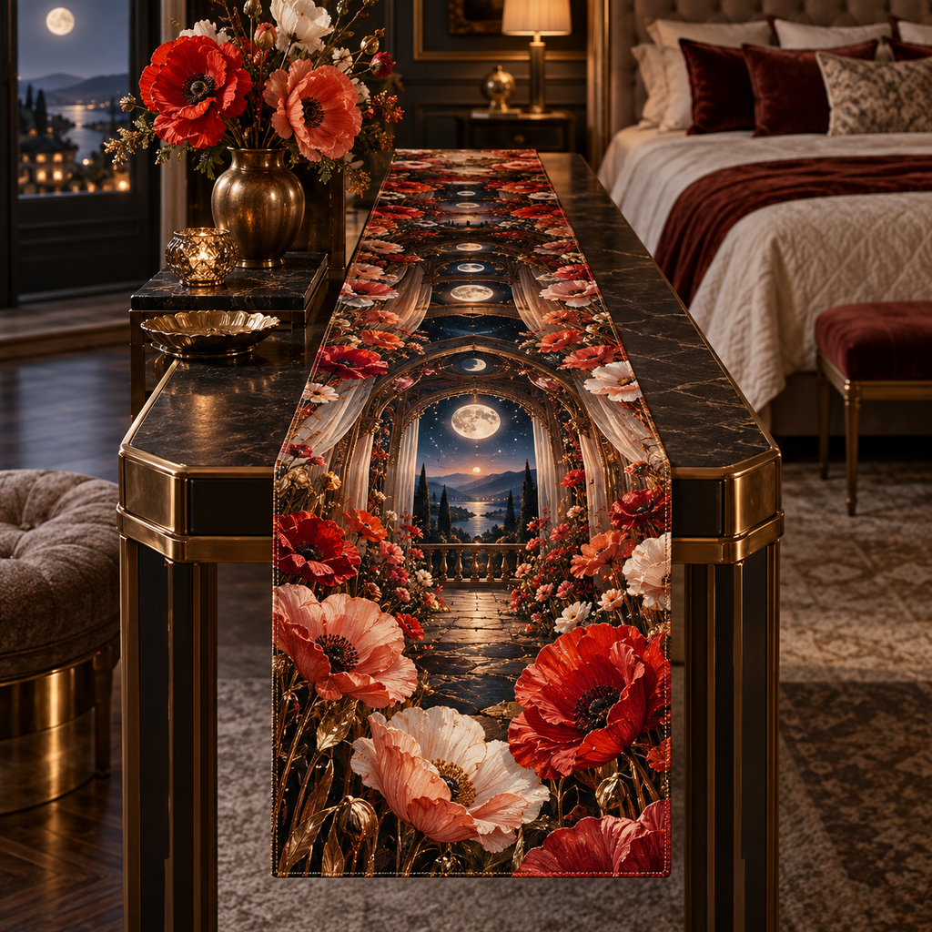 One table runner with a continuous poppy celestial canopy chamber, scarlet, coral, blush and ivory blooms, bronze arches, gauzy drapery, mirrored moons and a midnight meadow balcony.