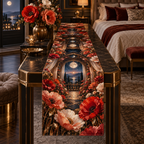 One table runner with a continuous poppy celestial canopy chamber, scarlet, coral, blush and ivory blooms, bronze arches, gauzy drapery, mirrored moons and a midnight meadow balcony.