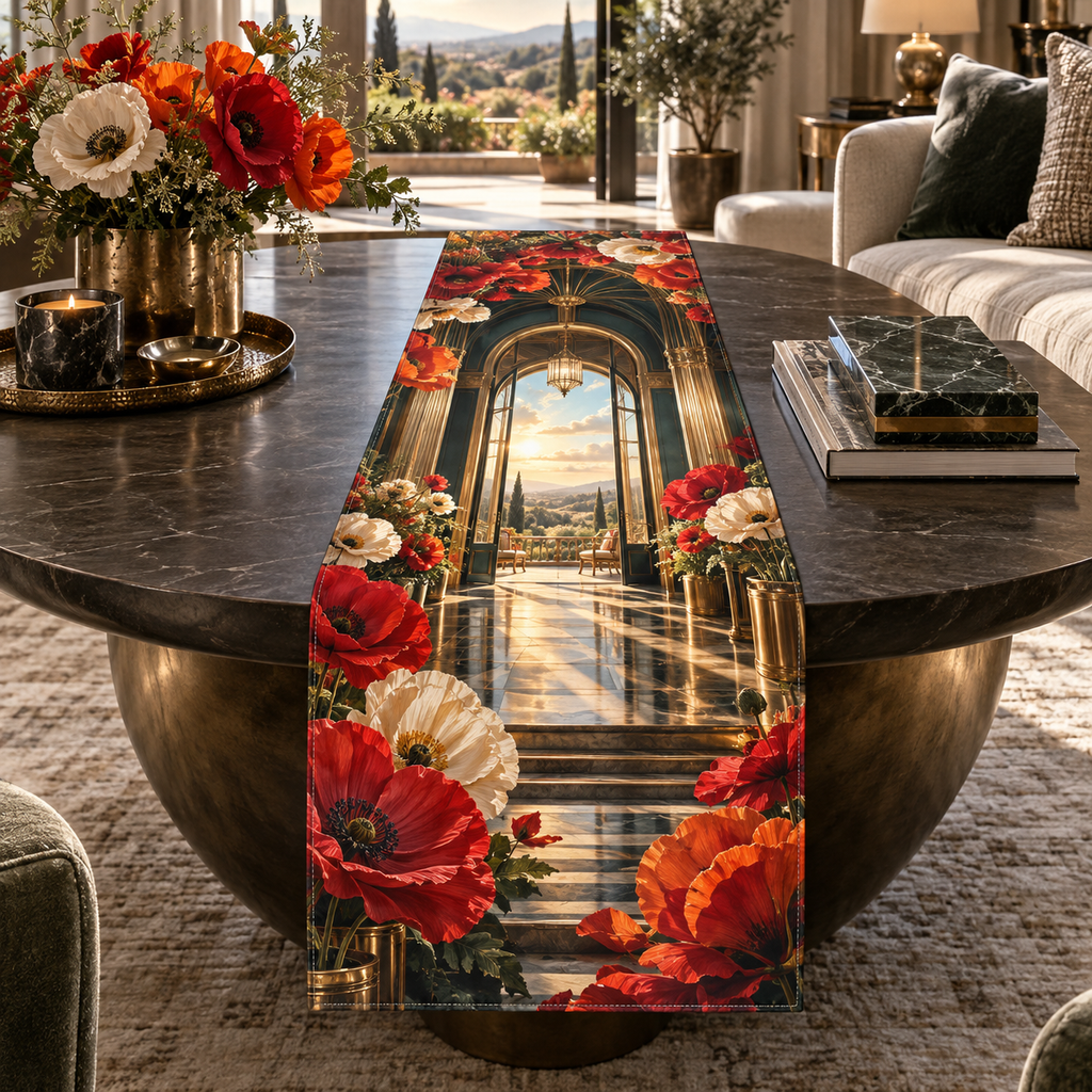 One table runner with a continuous poppy grand salon portal, ruby, vermilion, tangerine and ivory blooms, brass arches, dark teal glass, reflective floor and a distant meadow terrace.