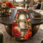 One table runner with a continuous poppy grand salon portal, ruby, vermilion, tangerine and ivory blooms, brass arches, dark teal glass, reflective floor and a distant meadow terrace.