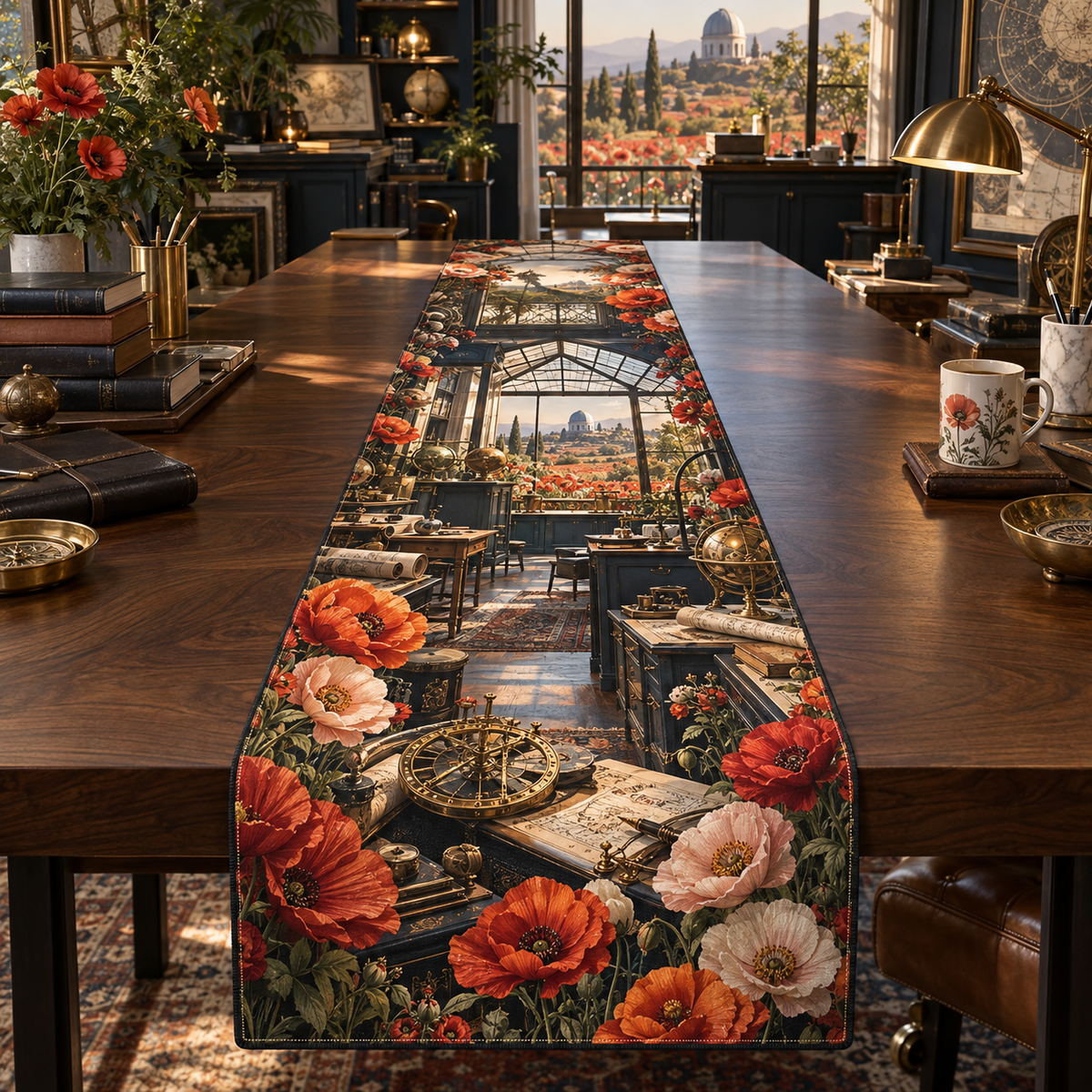 One table runner with a continuous poppy cartographer studio, scarlet, burnt-orange, blush and ivory blooms, brass map grids, midnight-blue cabinetry, a glass-roof mezzanine and a distant meadow observatory.