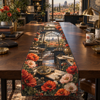 One table runner with a continuous poppy cartographer studio, scarlet, burnt-orange, blush and ivory blooms, brass map grids, midnight-blue cabinetry, a glass-roof mezzanine and a distant meadow observatory.