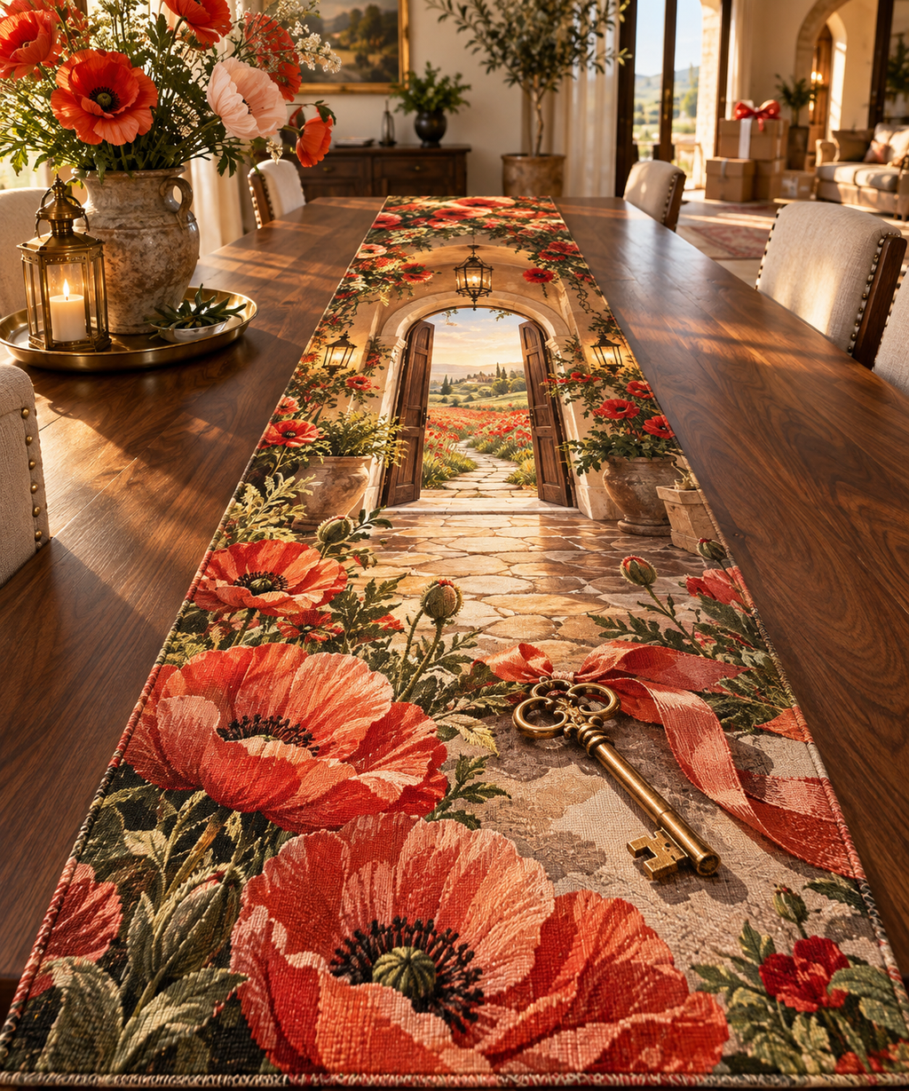 One table runner with a continuous poppy welcome house atrium, scarlet, burnt-orange, blush and ivory blooms, aged-brass keys, warm walnut doors, glowing lanterns, a garden path and a distant poppy meadow.