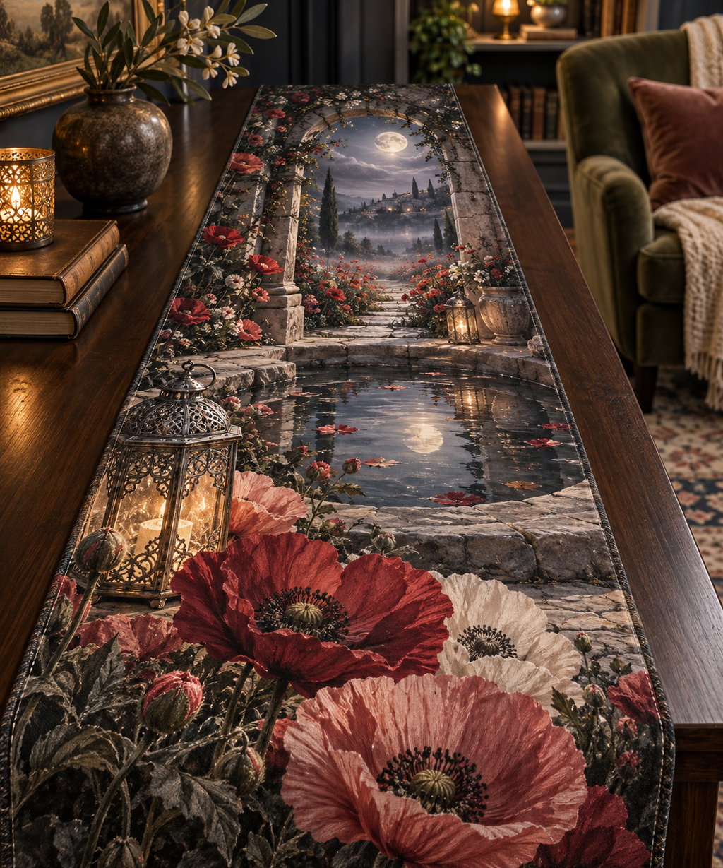 One table runner with a continuous poppy moonwell alcove, scarlet, burnt-orange, blush and ivory blooms, carved-stone arches, antique silver lanterns, a reflecting moonwell and a misty twilight meadow.