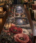 One table runner with a continuous poppy moonwell alcove, scarlet, burnt-orange, blush and ivory blooms, carved-stone arches, antique silver lanterns, a reflecting moonwell and a misty twilight meadow.