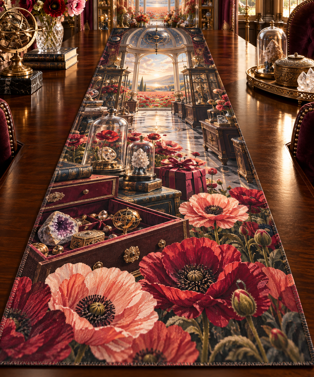 One table runner with a continuous poppy celestial curio vault, scarlet, burnt-orange, blush and ivory blooms, brass-and-glass vitrines, crystal specimens, celestial globes, a domed gallery and a distant poppy meadow.