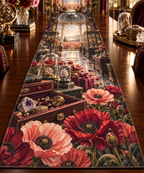 One table runner with a continuous poppy celestial curio vault, scarlet, burnt-orange, blush and ivory blooms, brass-and-glass vitrines, crystal specimens, celestial globes, a domed gallery and a distant poppy meadow.