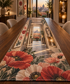 One table runner with a continuous poppy gilded gallery passage, crimson, dusty rose, coral and cream blooms, brass-framed botanical panels, sculptural niches, a compact balcony and a luminous city-meadow view.