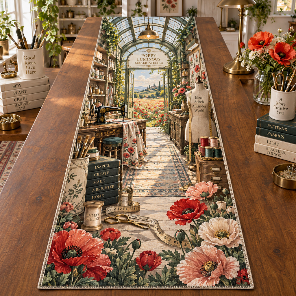 One table runner with a continuous poppy luminous maker atelier, ruby, coral, blush and cream blooms, vintage sewing machine, thread, scissors, pattern drawers, dress form, glass-roof studio and distant meadow.