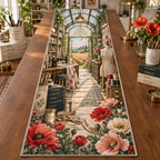 One table runner with a continuous poppy luminous maker atelier, ruby, coral, blush and cream blooms, vintage sewing machine, thread, scissors, pattern drawers, dress form, glass-roof studio and distant meadow.