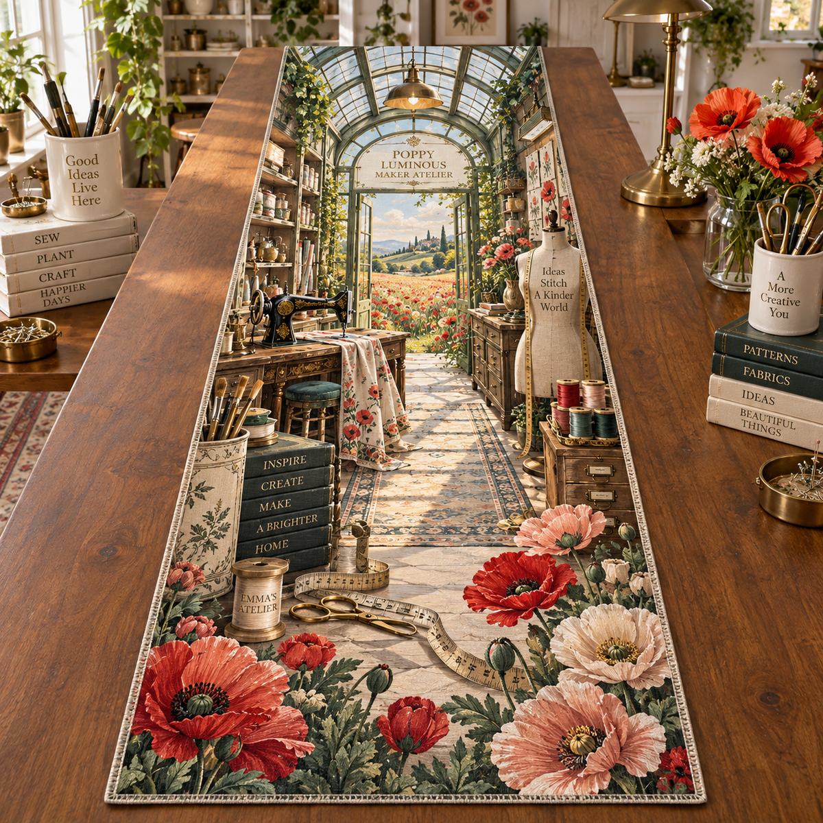 One table runner with a continuous poppy luminous maker atelier, ruby, coral, blush and cream blooms, vintage sewing machine, thread, scissors, pattern drawers, dress form, glass-roof studio and distant meadow.