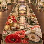 One table runner with a continuous poppy gracious welcome pavilion, ruby, coral, blush and cream blooms, silver serveware, champagne-brass arches, sage seating, candlelit table, glass pavilion and sunset meadow.