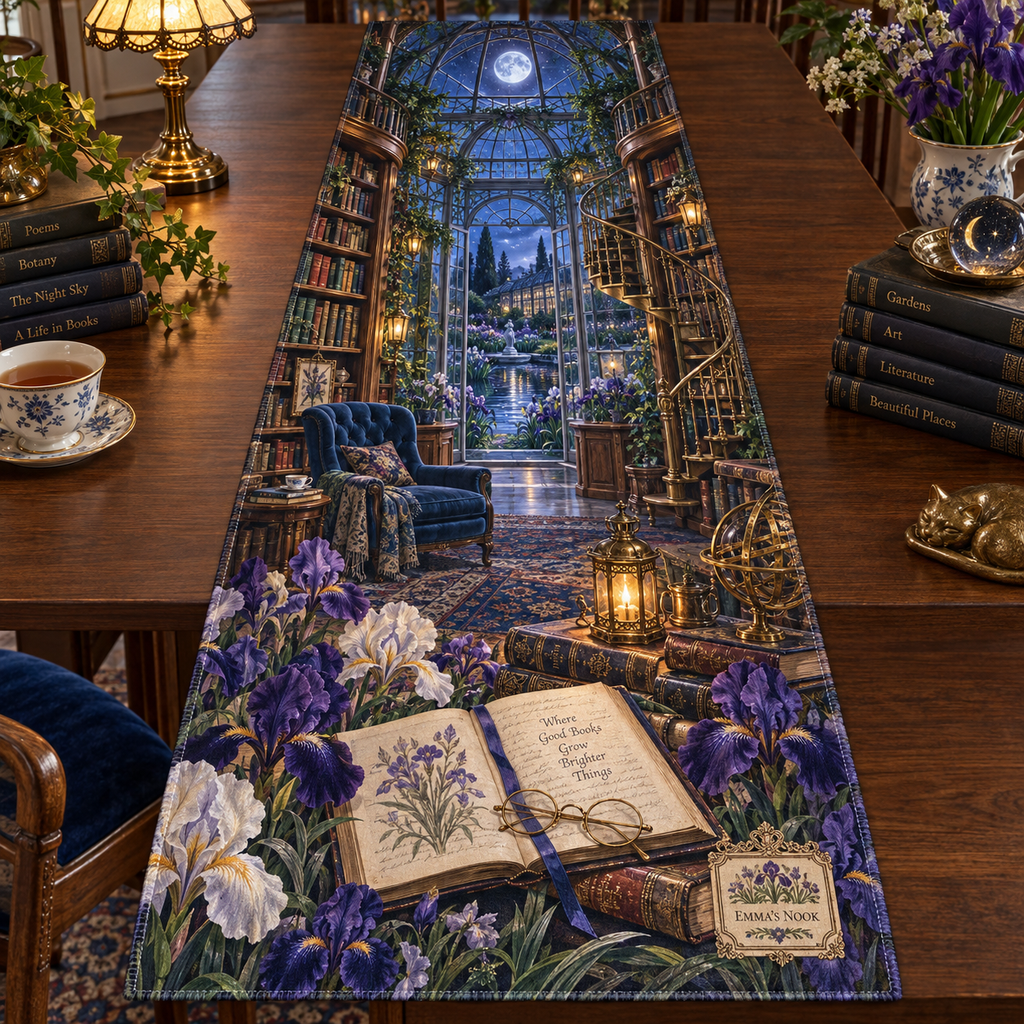 One table runner with a continuous iris moonlit story conservatory, violet, indigo, lavender and pearl blooms, antique books, brass spectacles, lanterns, walnut shelves, sapphire seating, glass conservatory and reflecting garden.