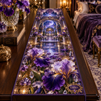 One table runner with a continuous iris celestial mirror palace, royal violet, amethyst, indigo and pearl blooms, faceted crystal lights, carved moon gates, mirrored arches, amethyst seating and reflecting garden.